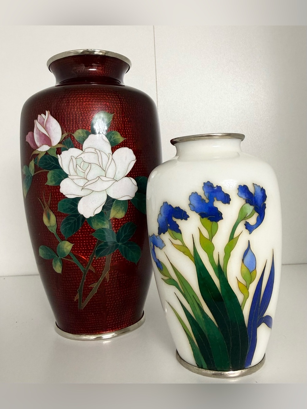 Vintage Japanese Enamel Sterling Silver Cloisonné Flower Vase Lot Red White